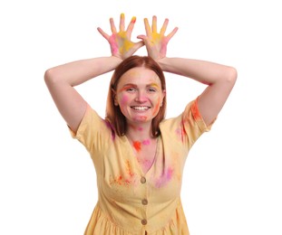 Woman covered with colorful powder dyes on white background. Holi festival celebration Photo of Woman covered with colorful powder dyes on white background. Holi festival celebration