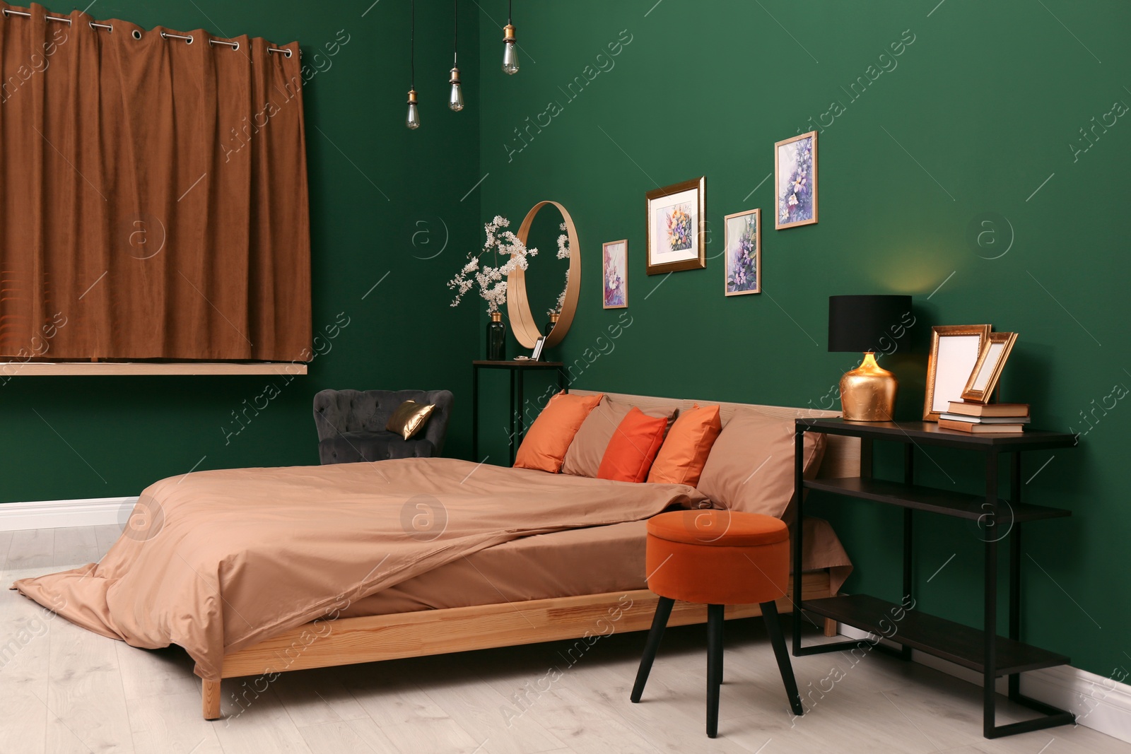 Stylish bedroom with modern furniture. Interior design Photo of Stylish bedroom with modern furniture. Interior design