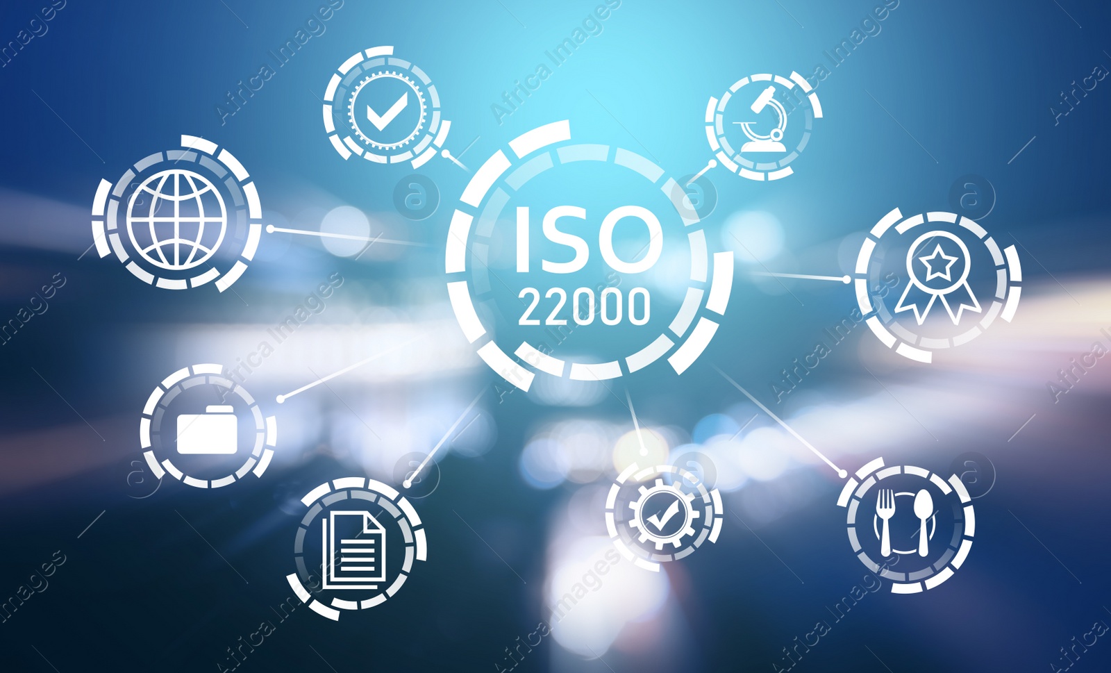 International Organization for Standardization (ISO 22000). Different virtual icons on blurred background Illustration of International Organization for Standardization (ISO 22000). Different virtual icons on blurred background