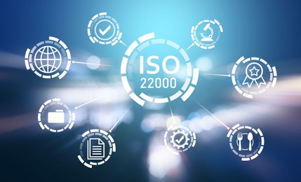 International Organization for Standardization (ISO 22000). Different virtual icons on blurred background Illustration of International Organization for Standardization (ISO 22000). Different virtual icons on blurred background