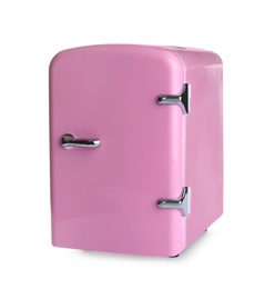 Mini refrigerator for cosmetics isolated on white Photo of Mini refrigerator for cosmetics isolated on white