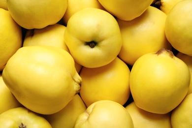 Photo of Fresh ripe organic quinces as background, closeup