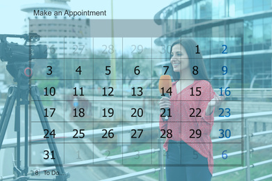 Double exposure of calendar and young journalist working outdoors. Personal schedule Image of Double exposure of calendar and young journalist working outdoors. Personal schedule
