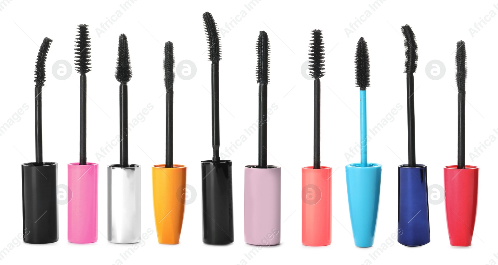 Image of Set with different mascara wands on white background. Banner design