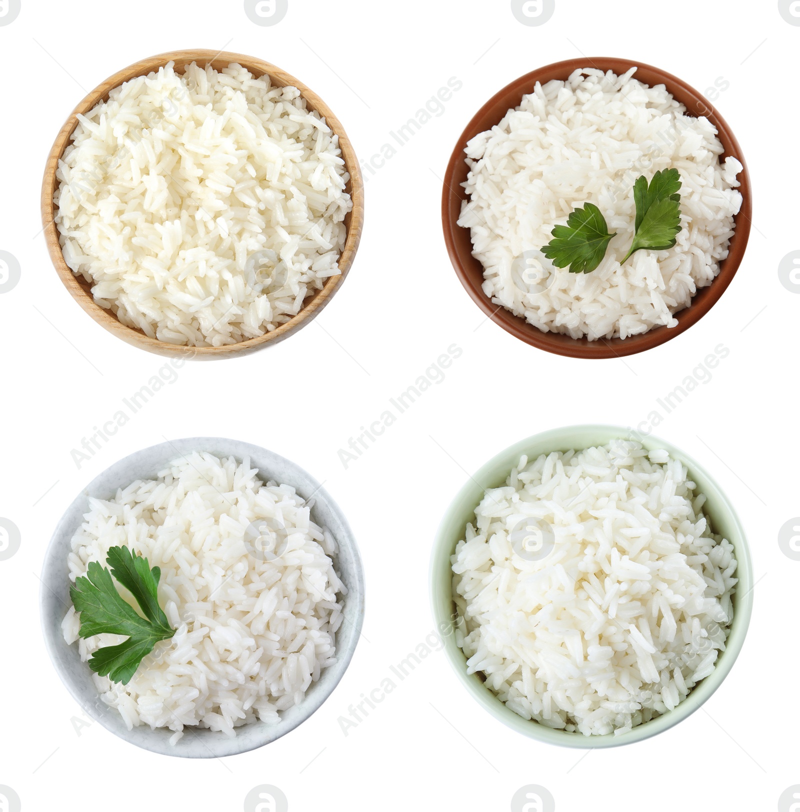 Image of Set of bowls with cooked rice isolated on white, top view