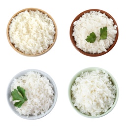 Image of Set of bowls with cooked rice isolated on white, top view