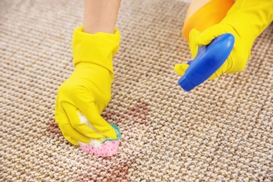 Woman cleaning carpet, closeup Photo of Woman cleaning carpet, closeup