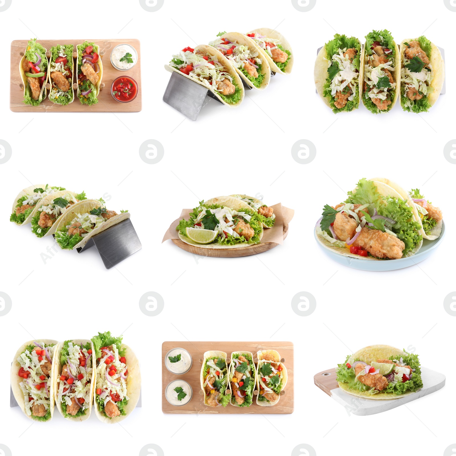 Set of delicious fresh fish tacos on white background Image of Set of delicious fresh fish tacos on white background