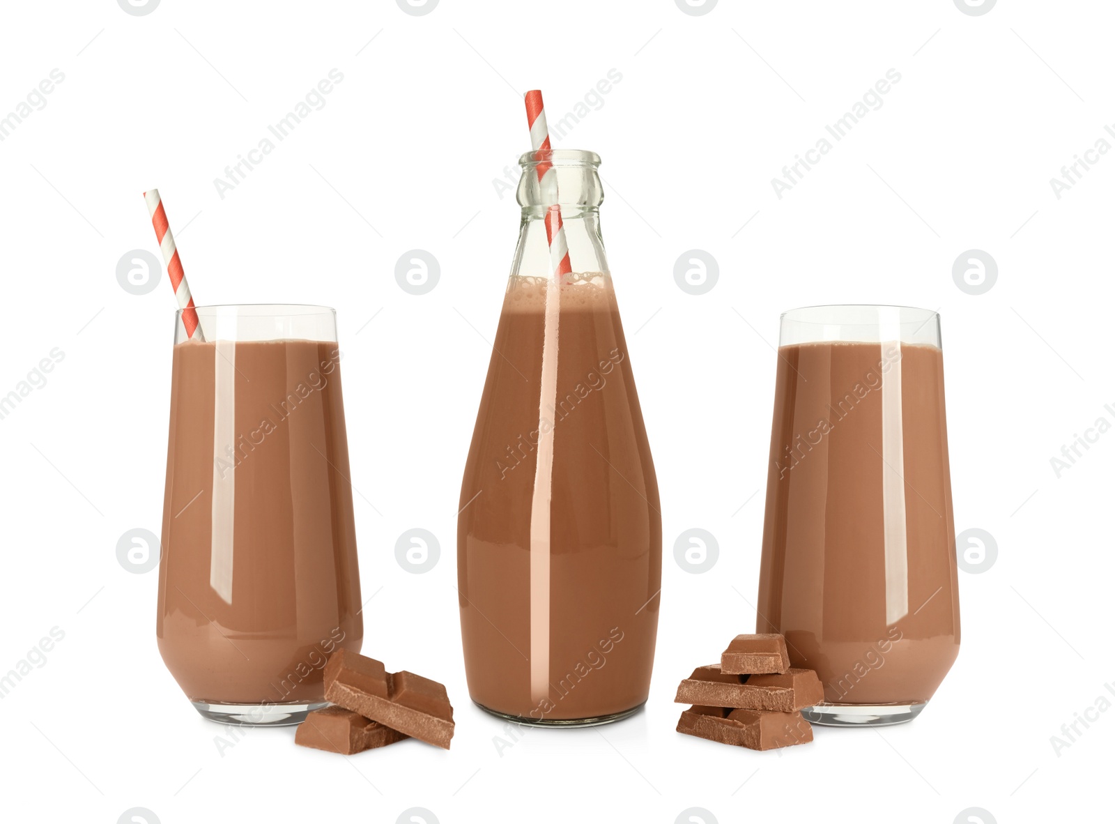 Set with delicious chocolate milk on white background Image of Set with delicious chocolate milk on white background