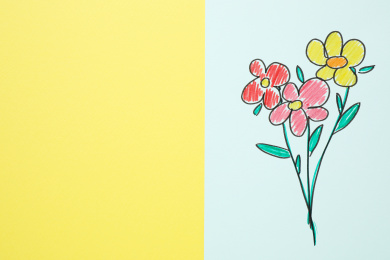 Top view of greeting card with drawn flowers on yellow background, space for text. Happy Mother's day Photo of Top view of greeting card with drawn flowers on yellow background, space for text. Happy Mother's day