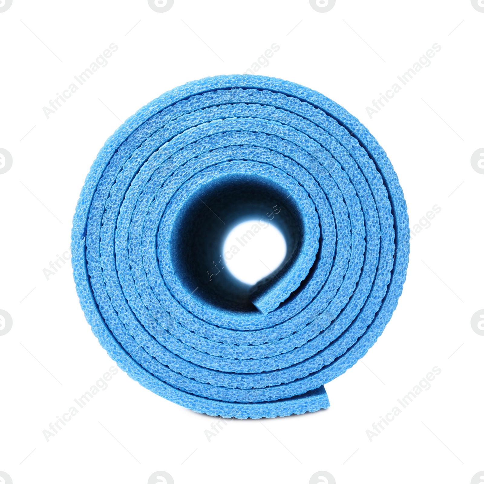 Rolled light blue camping mat isolated on white Photo of Rolled light blue camping mat isolated on white