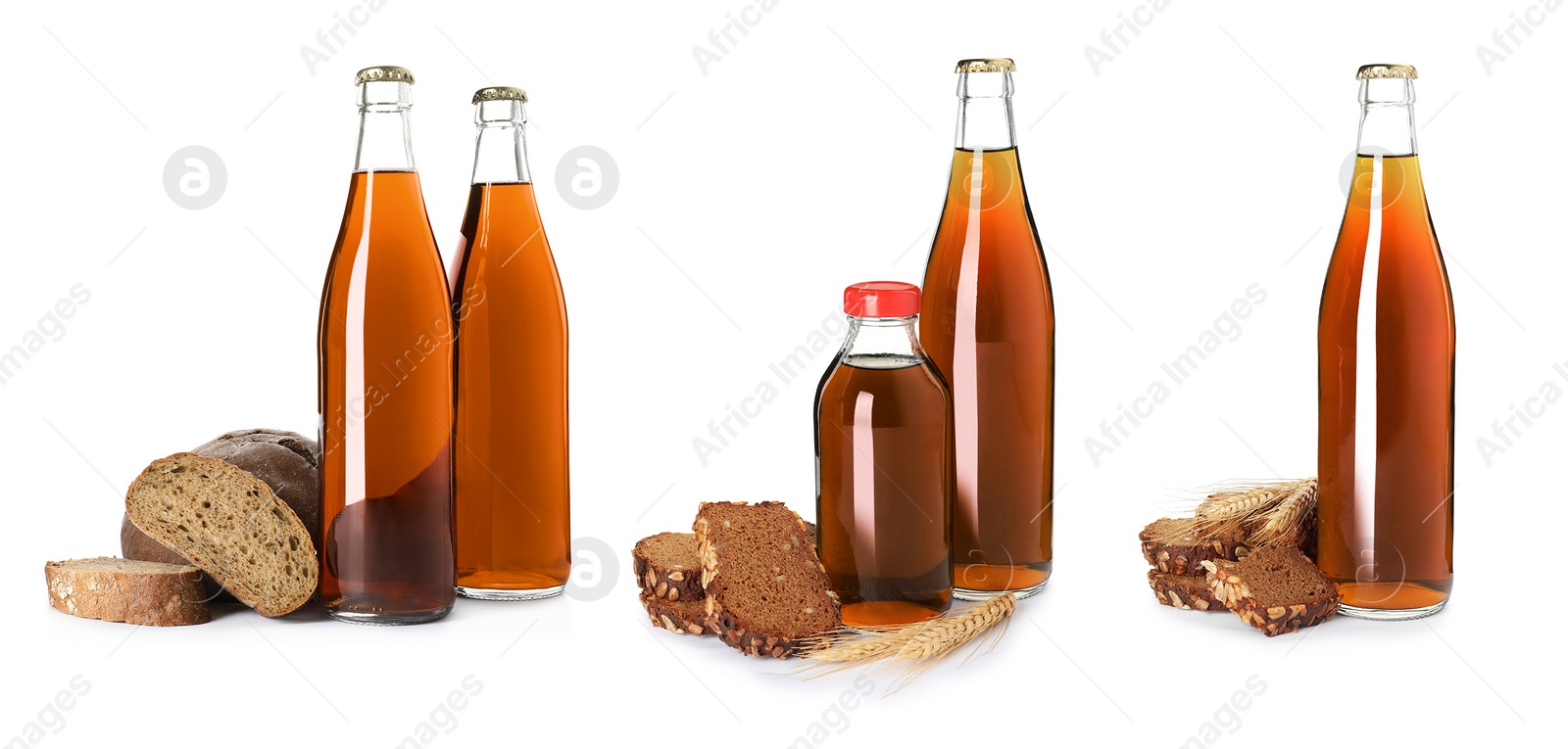 Set with bottles of delicious kvass on white background. Banner design Image of Set with bottles of delicious kvass on white background. Banner design