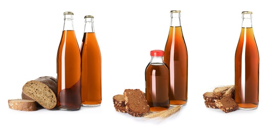 Set with bottles of delicious kvass on white background. Banner design Image of Set with bottles of delicious kvass on white background. Banner design