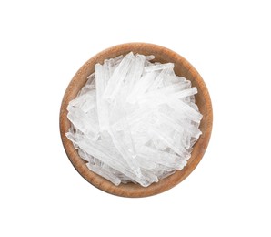 Menthol crystals on white background, top view Photo of Menthol crystals on white background, top view