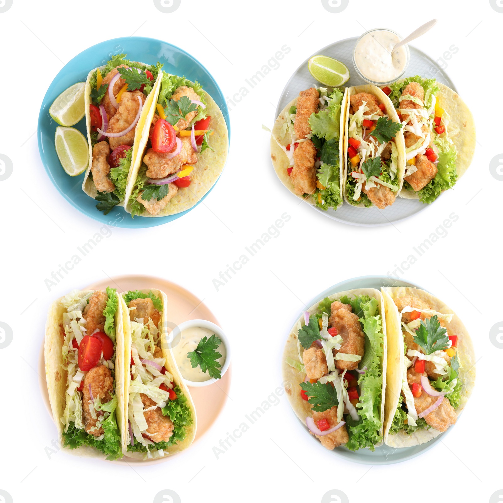 Set of delicious fresh fish tacos on white background, top view Image of Set of delicious fresh fish tacos on white background, top view