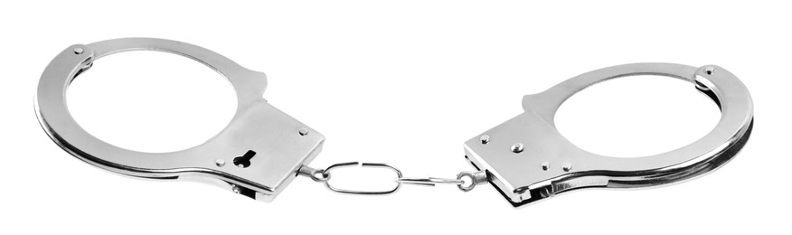 New classic chain handcuffs isolated on white Photo of New classic chain handcuffs isolated on white