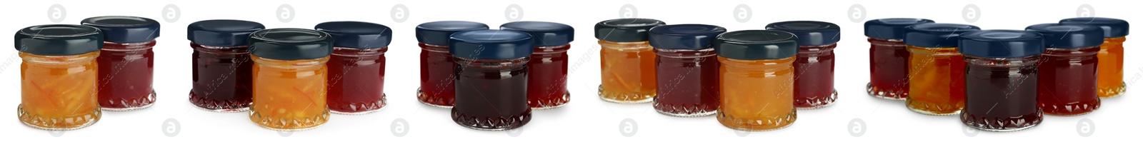Set with jars of different tasty jam on white background. Banner design Image of Set with jars of different tasty jam on white background. Banner design
