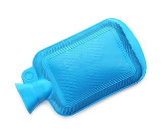 Blue rubber hot water bottle isolated on white, top view Photo of Blue rubber hot water bottle isolated on white, top view