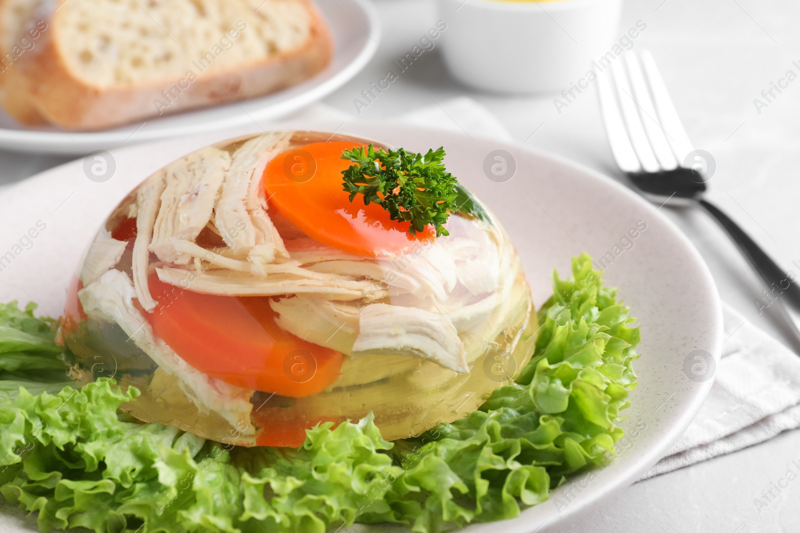 Delicious chicken aspic with vegetables on plate, closeup Photo of Delicious chicken aspic with vegetables on plate, closeup