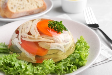 Delicious chicken aspic with vegetables on plate, closeup Photo of Delicious chicken aspic with vegetables on plate, closeup