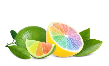 Fresh lemon and lime with rainbow segments on white background. Brighten your life Image of Fresh lemon and lime with rainbow segments on white background. Brighten your life