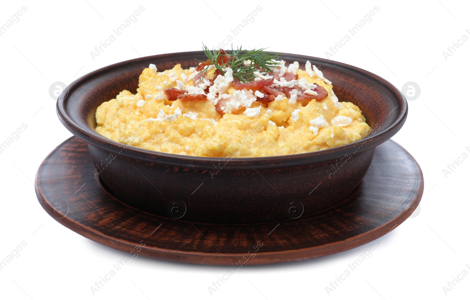 Tasty banosh with brynza and pork cracklings in bowl isolated on white. Traditional Ukrainian dish Photo of Tasty banosh with brynza and pork cracklings in bowl isolated on white. Traditional Ukrainian dish