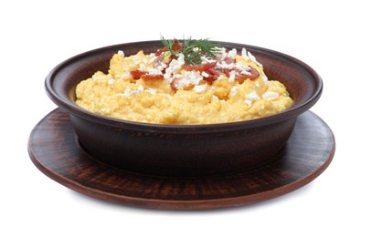 Tasty banosh with brynza and pork cracklings in bowl isolated on white. Traditional Ukrainian dish Photo of Tasty banosh with brynza and pork cracklings in bowl isolated on white. Traditional Ukrainian dish