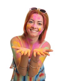 Woman covered with colorful powder dyes on white background. Holi festival celebration Photo of Woman covered with colorful powder dyes on white background. Holi festival celebration