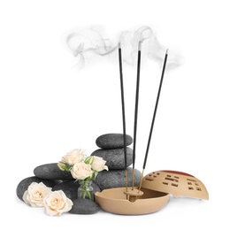Composition with smoldering incense sticks, roses and spa stones on white background Photo of Composition with smoldering incense sticks, roses and spa stones on white background