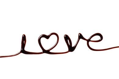 Word Love with heart made of chocolate on white background, top view Photo of Word Love with heart made of chocolate on white background, top view