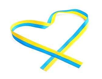 Heart shaped ribbon with colors of national Ukrainian flag isolated on white Photo of Heart shaped ribbon with colors of national Ukrainian flag isolated on white