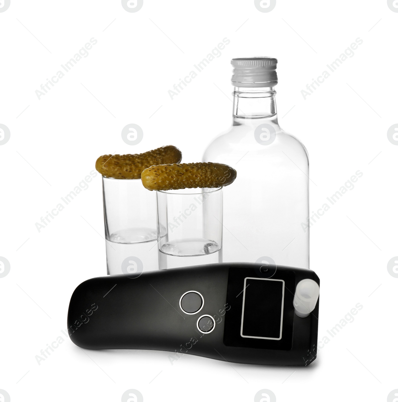 Modern breathalyzer and alcohol on white background Photo of Modern breathalyzer and alcohol on white background