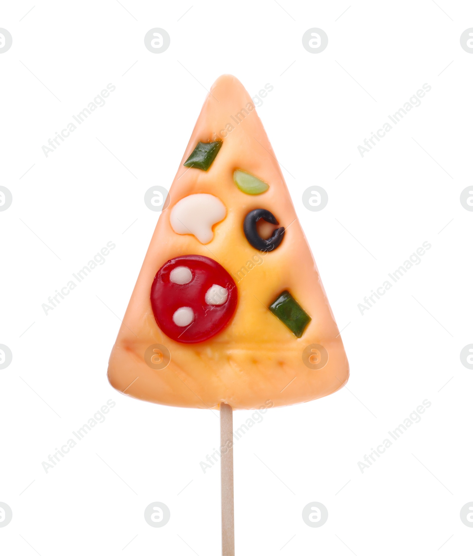 Tasty pizza shaped lollipop isolated on white Photo of Tasty pizza shaped lollipop isolated on white