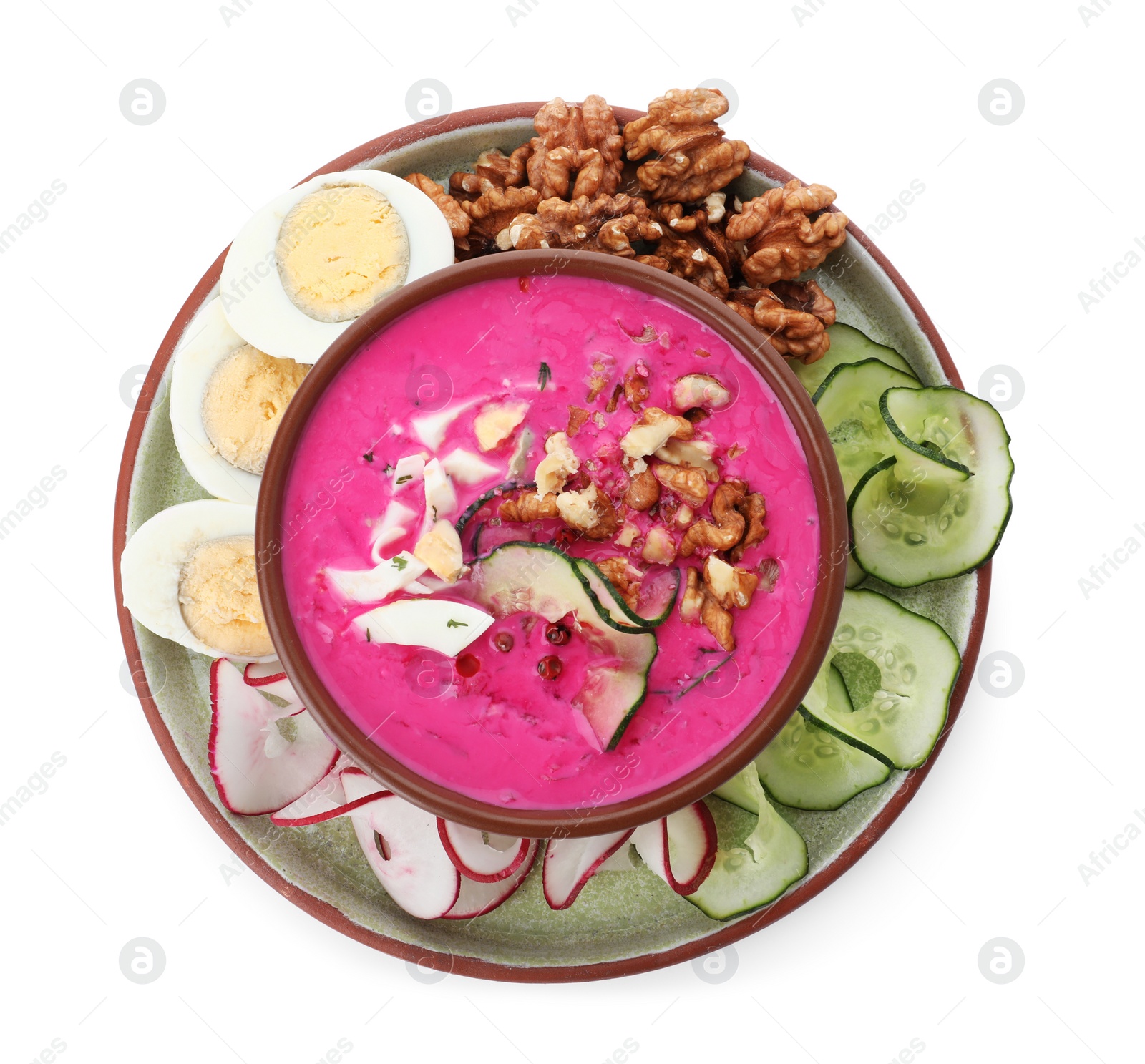 Delicious cold summer beet soup on white background, top view Photo of Delicious cold summer beet soup on white background, top view