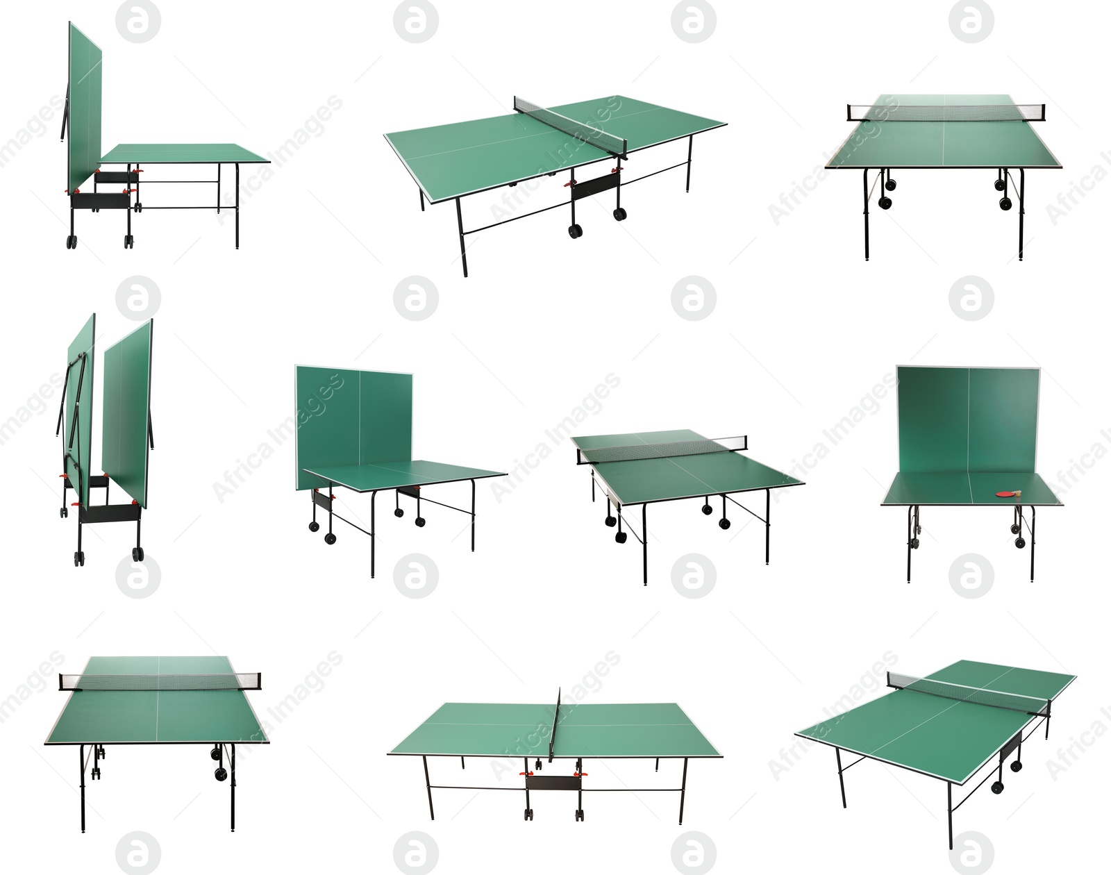 Green ping pong tables on white background, collage Image of Green ping pong tables on white background, collage