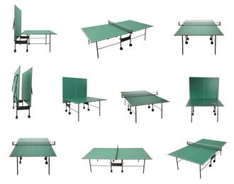 Green ping pong tables on white background, collage Image of Green ping pong tables on white background, collage