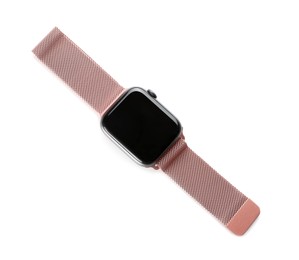 Modern stylish smart watch isolated on white, top view Image of Modern stylish smart watch isolated on white, top view