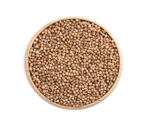 Dried coriander seeds in wooden bowl on white background, top view Photo of Dried coriander seeds in wooden bowl on white background, top view