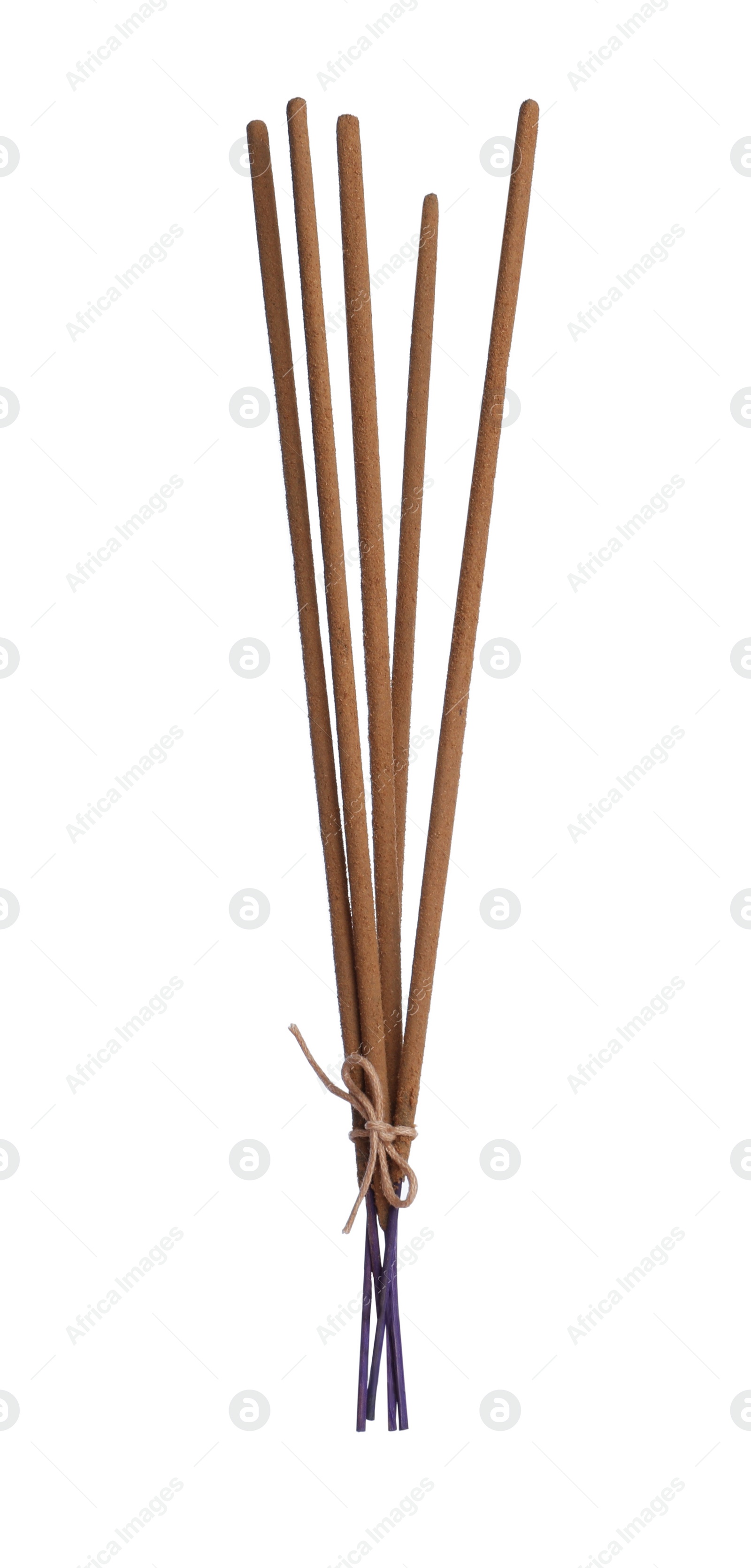 Many aromatic incense sticks tied with twine on white background Photo of Many aromatic incense sticks tied with twine on white background