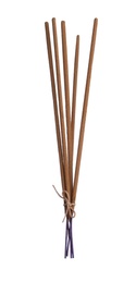 Many aromatic incense sticks tied with twine on white background Photo of Many aromatic incense sticks tied with twine on white background