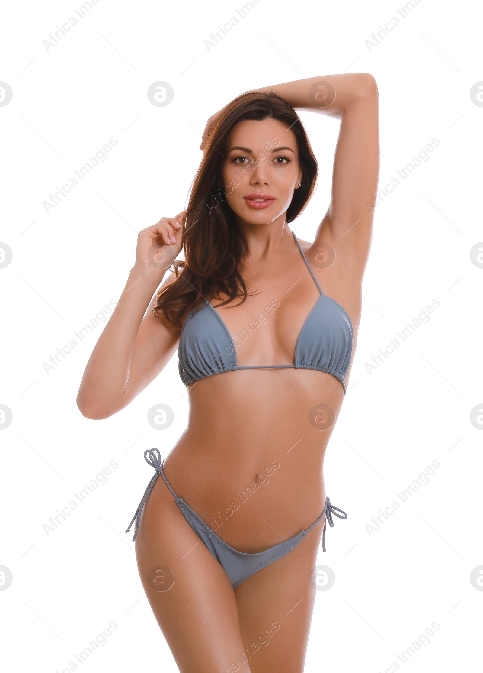 Beautiful woman in stylish bikini on white background Photo of Beautiful woman in stylish bikini on white background
