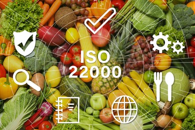 ISO 22000 - Food safety management. Assortment of organic fresh fruits and vegetables as background, top view Image of ISO 22000 - Food safety management. Assortment of organic fresh fruits and vegetables as background, top view