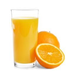 Glass of orange juice and fresh fruits isolated on white Photo of Glass of orange juice and fresh fruits isolated on white