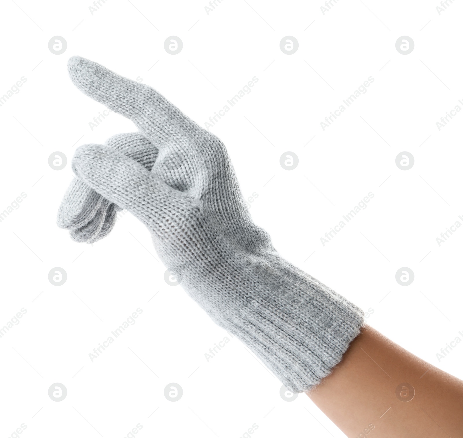 Woman in grey woolen glove pointing on white background, closeup Photo of Woman in grey woolen glove pointing on white background, closeup