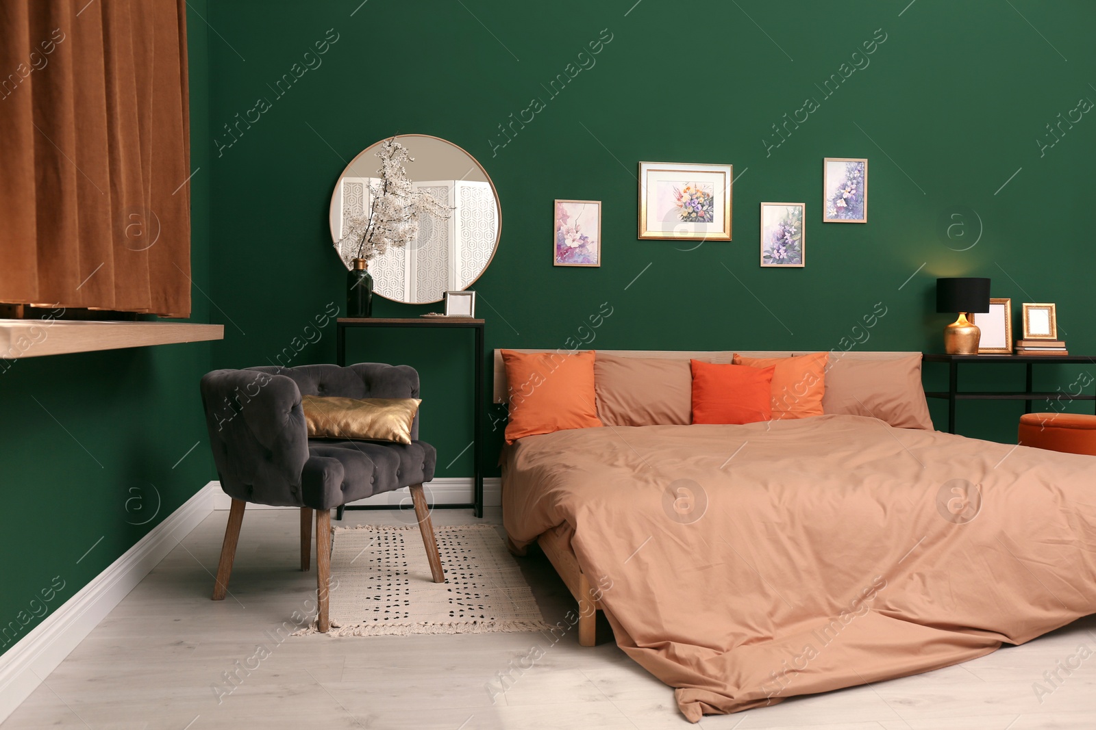 Stylish bedroom with modern furniture. Interior design Photo of Stylish bedroom with modern furniture. Interior design