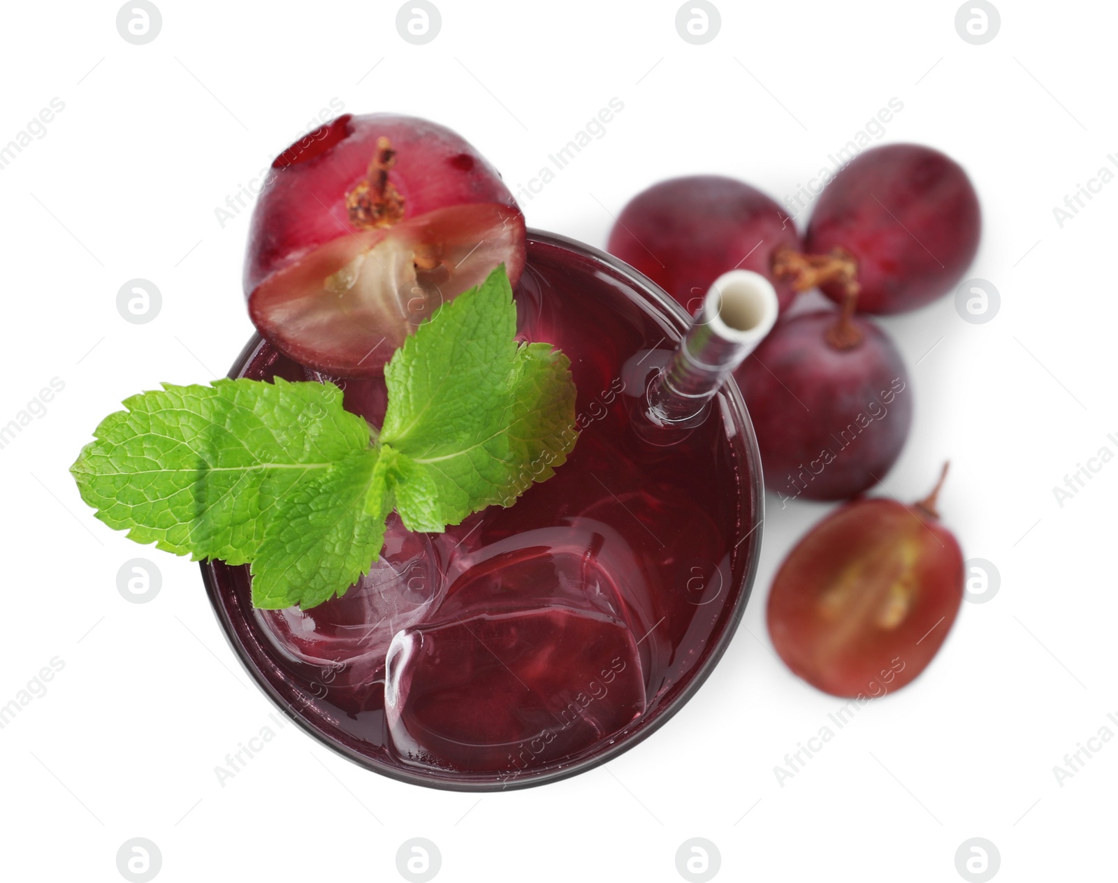 Delicious grape soda water isolated on white, top view. Refreshing drink Photo of Delicious grape soda water isolated on white, top view. Refreshing drink