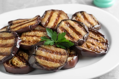 Delicious grilled eggplant slices on plate, closeup Photo of Delicious grilled eggplant slices on plate, closeup