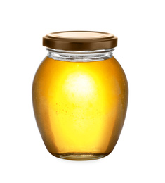 Jar with organic honey isolated on white Photo of Jar with organic honey isolated on white