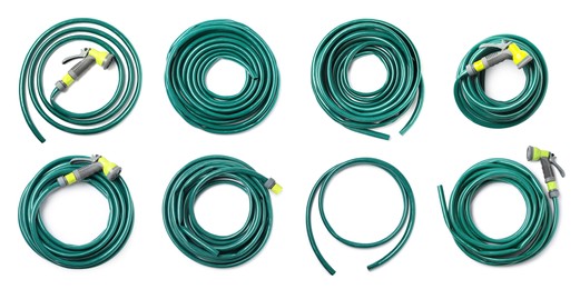 Set with green rubber watering hoses on white background, top view. Banner design Image of Set with green rubber watering hoses on white background, top view. Banner design