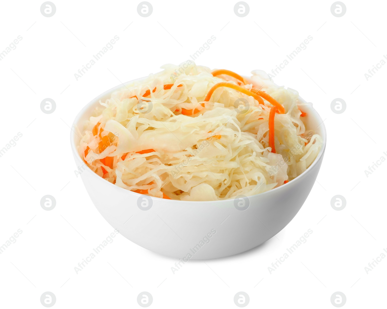 Bowl of tasty fermented cabbage isolated on white Photo of Bowl of tasty fermented cabbage isolated on white